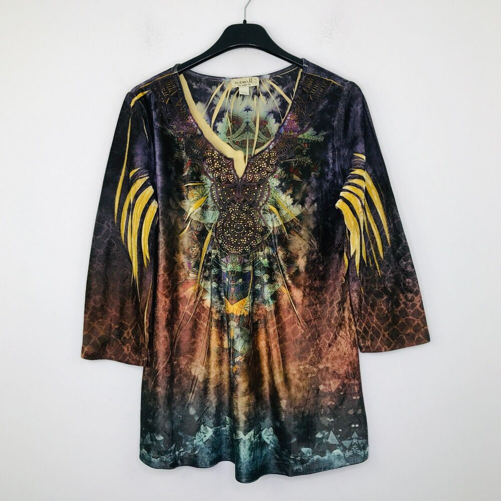 One World Women's Large Shirt Multicolor Velvet Studded Sublimation Boho CE10